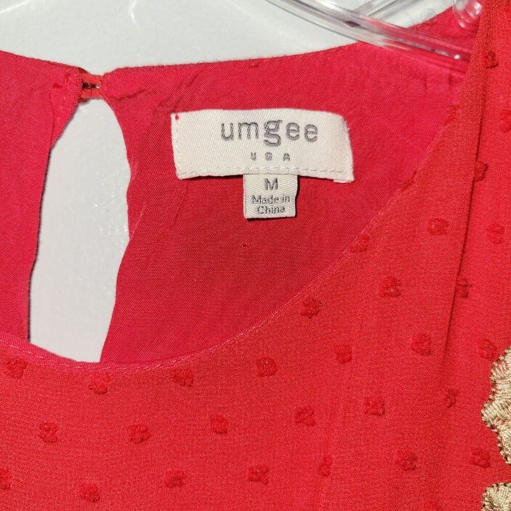 Umgee Embroidered Floral Bell Sleeve Babydoll Dress Red Size Medium Lightweight - Picture 3 of 8